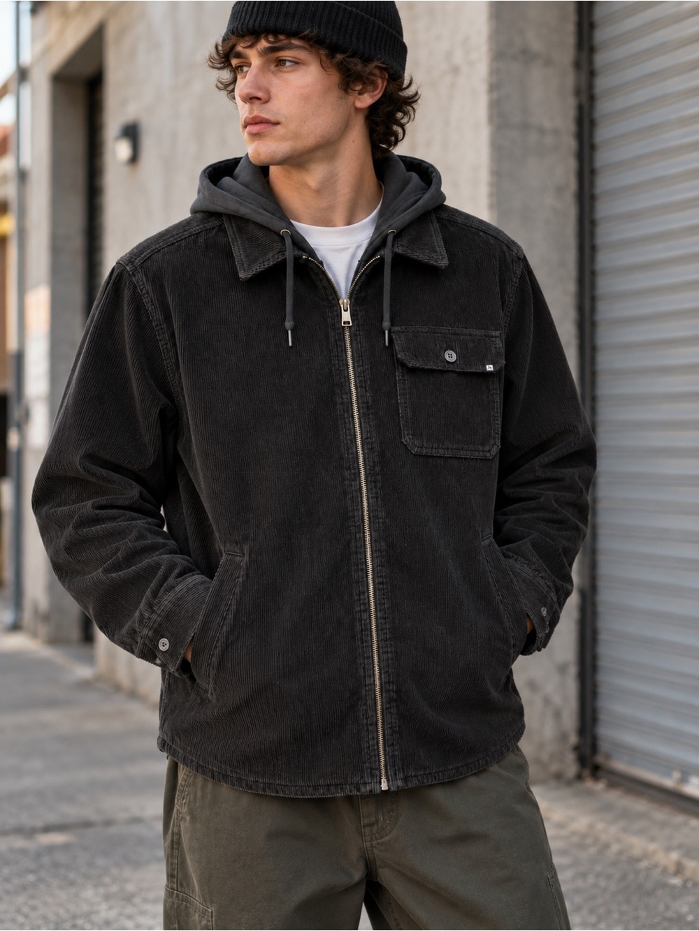 EMPYRE Black Corduroy Hooded Zip Jacket - MEDIUM